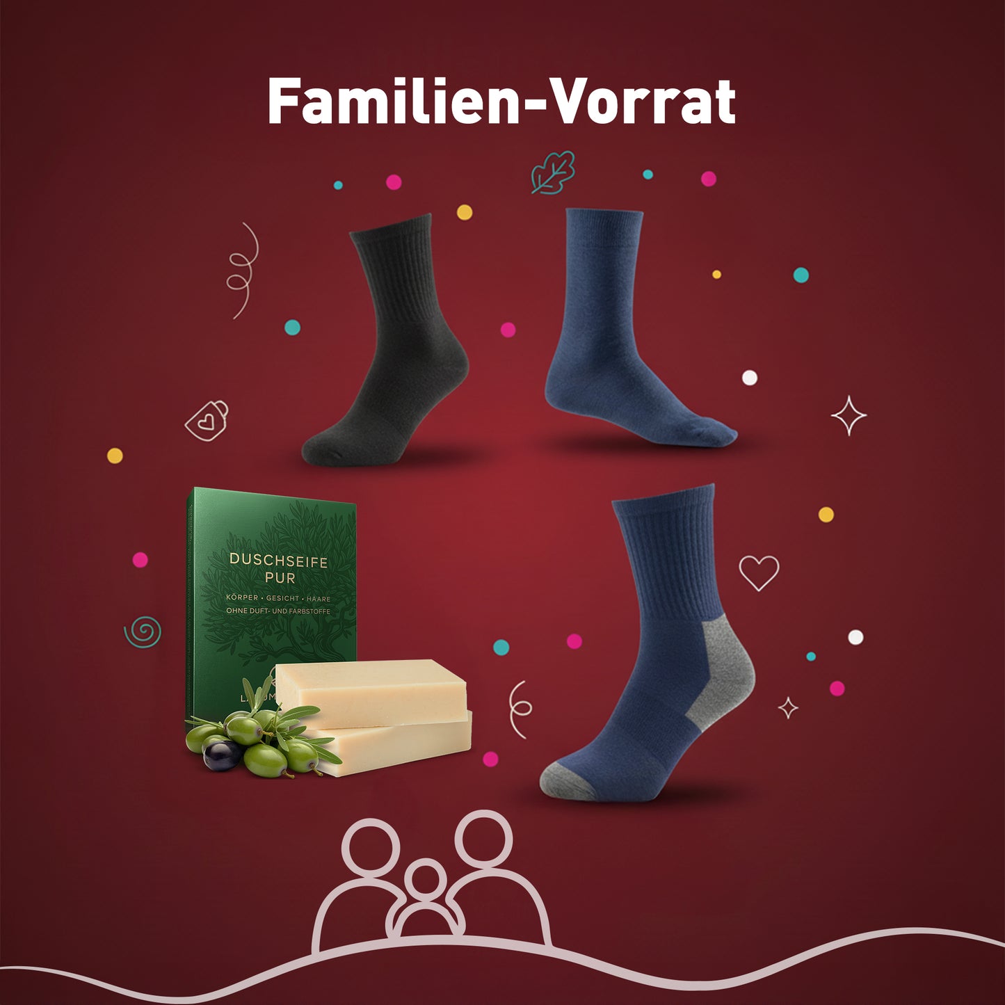 10 Paar Cotton Classic Socken (schwarz) + 10 Paar Cotton Classic Socken (Jeans Colors) + 6 Paar Arbeitssocken (C1) + Duschseife Pur