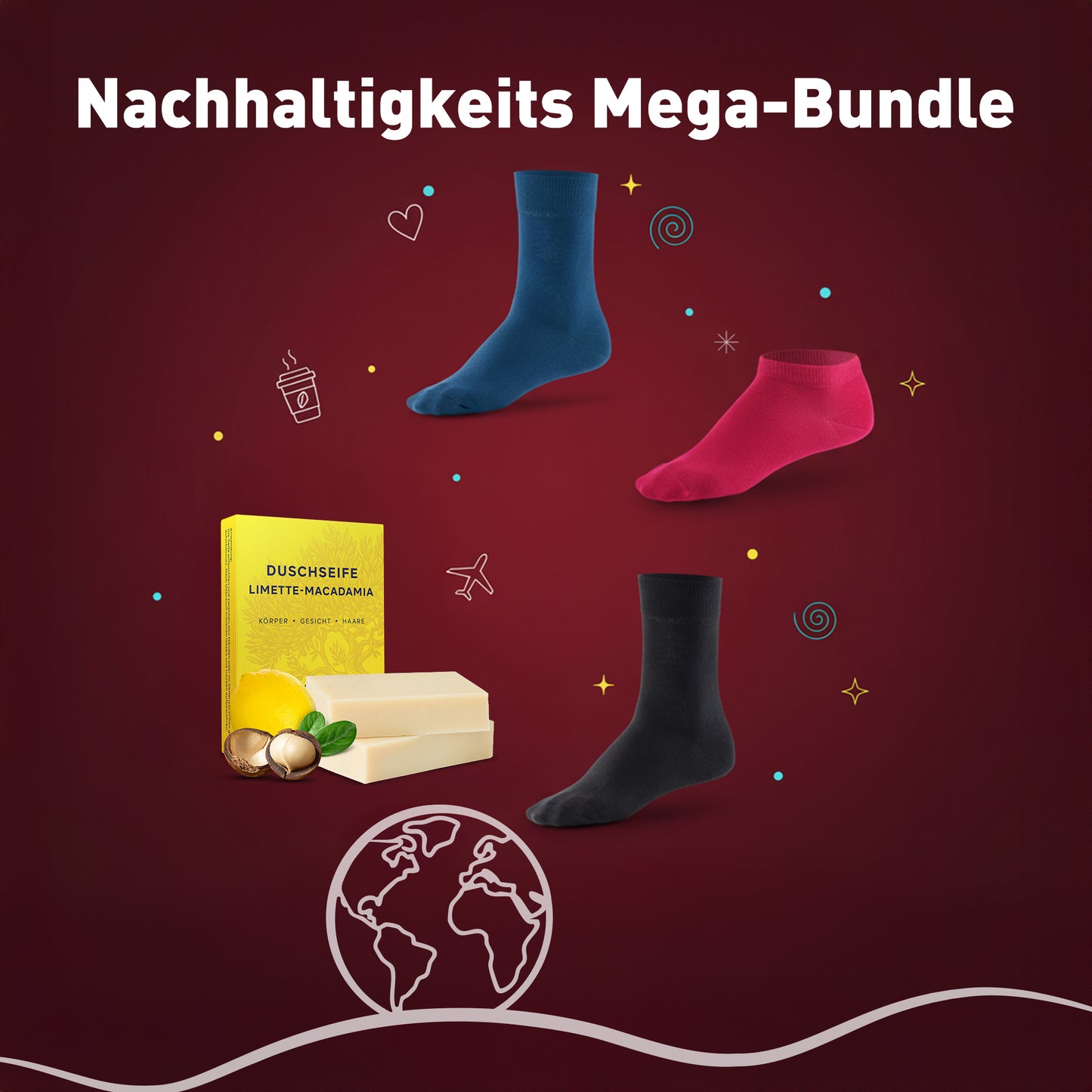 10 Paar Cotton Classic Socken (schwarz) + 10 Paar Cotton Classic Socken (Fun Colors) + 10 Paar Sneaker Socken (Berry Colors) + Duschseife Limette-Macadamia