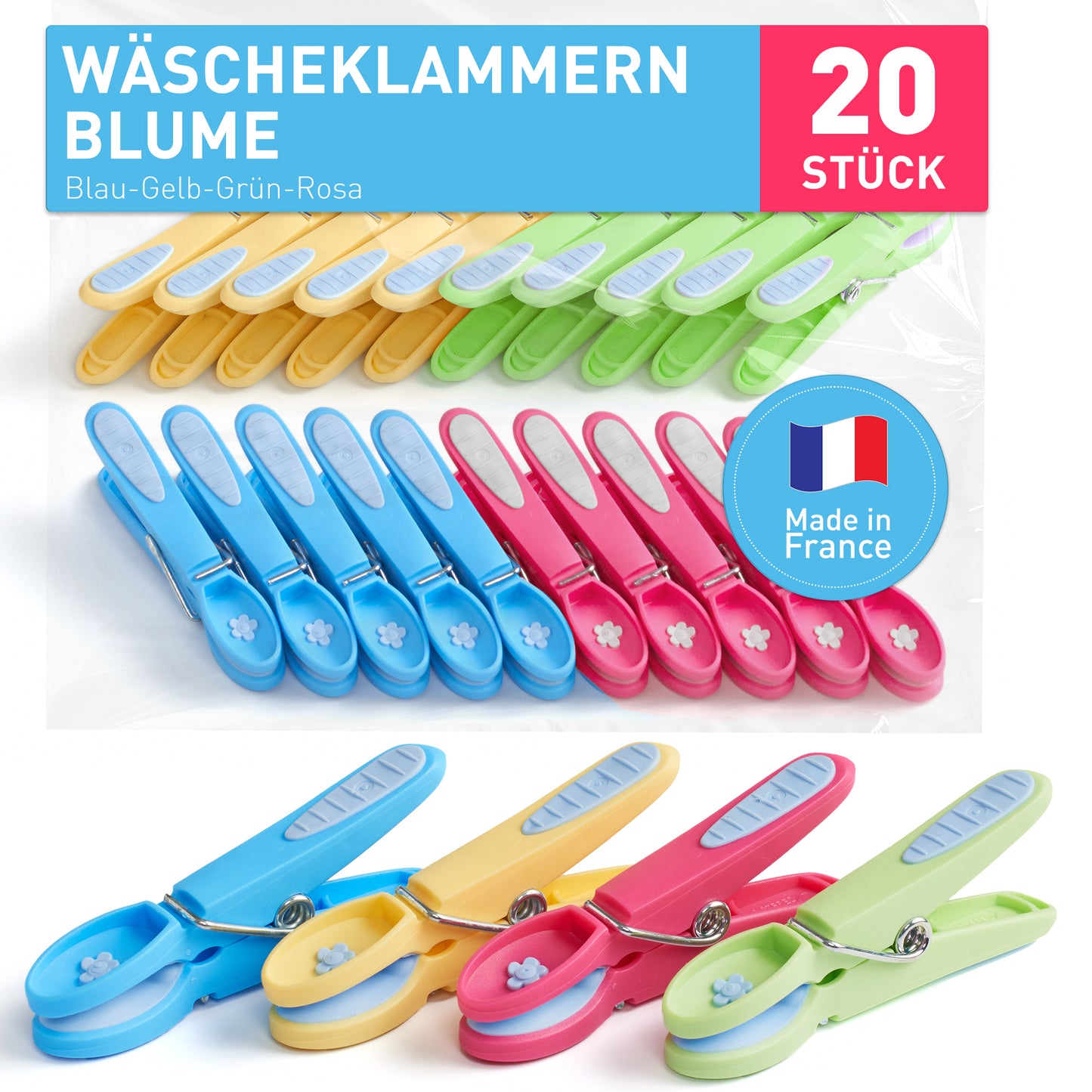 Wäscheklammer Blume (20 Stück, blau-gelb-grün-rosa)