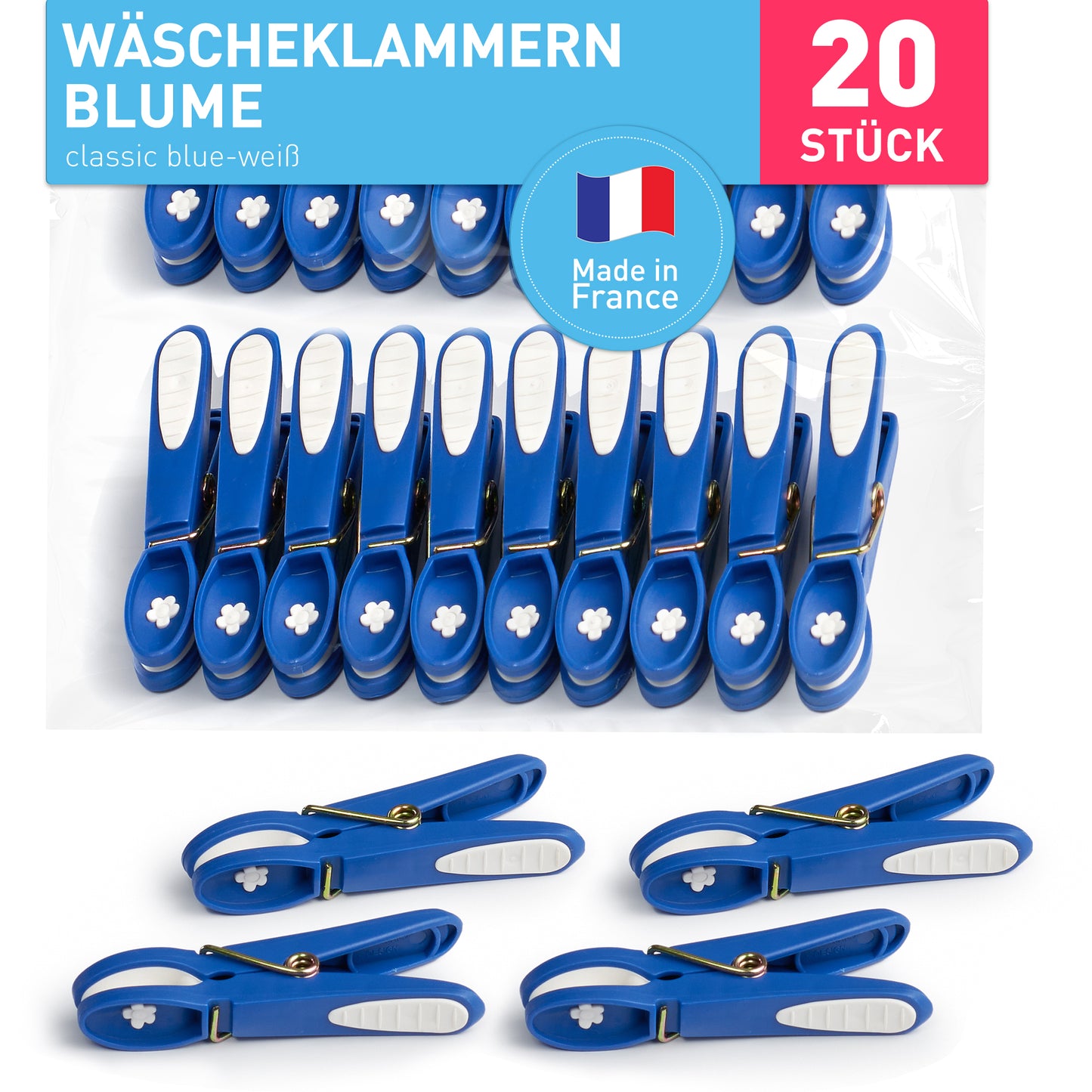 Wäscheklammer Blume (20 Stück, classic blue-weiß)
